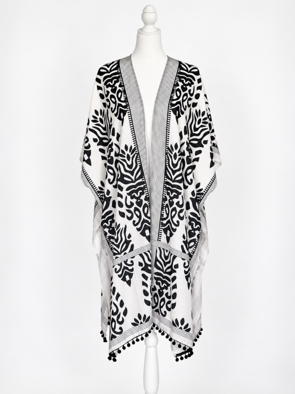 Black & Ivory Printed Kimono Cover-Up Pom Pom Trim One Size